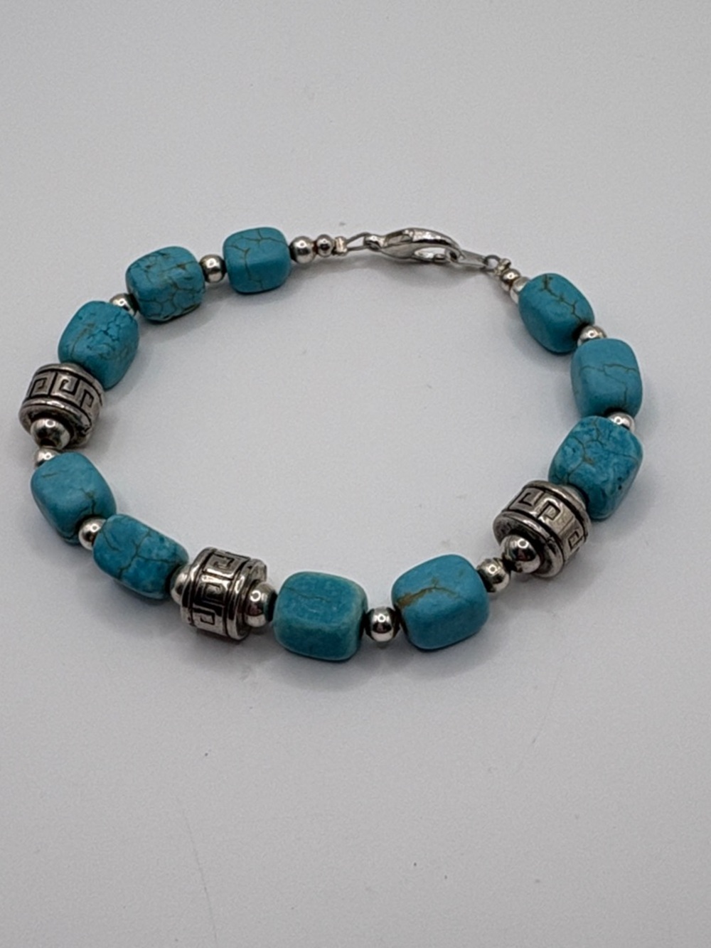 Turquoise Bead and Silver Accent Bracelet Greek Key Native 7”